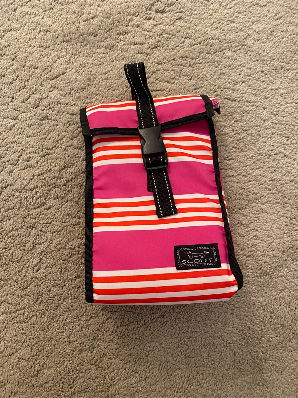 Scout Pink & Red Striped Lunch Tote with Black Trim